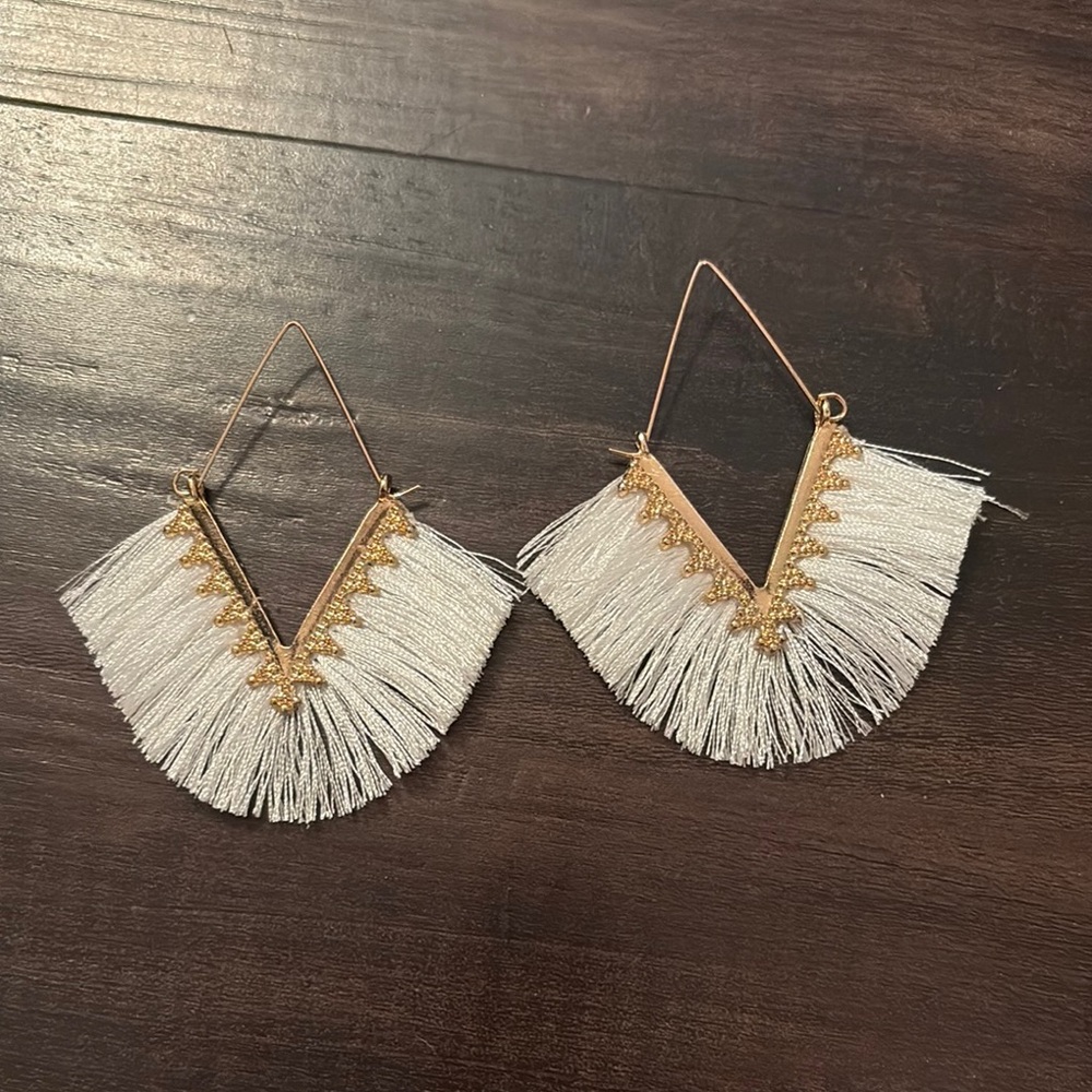 Amazon Gold and White Bohemian Fringe Earrings